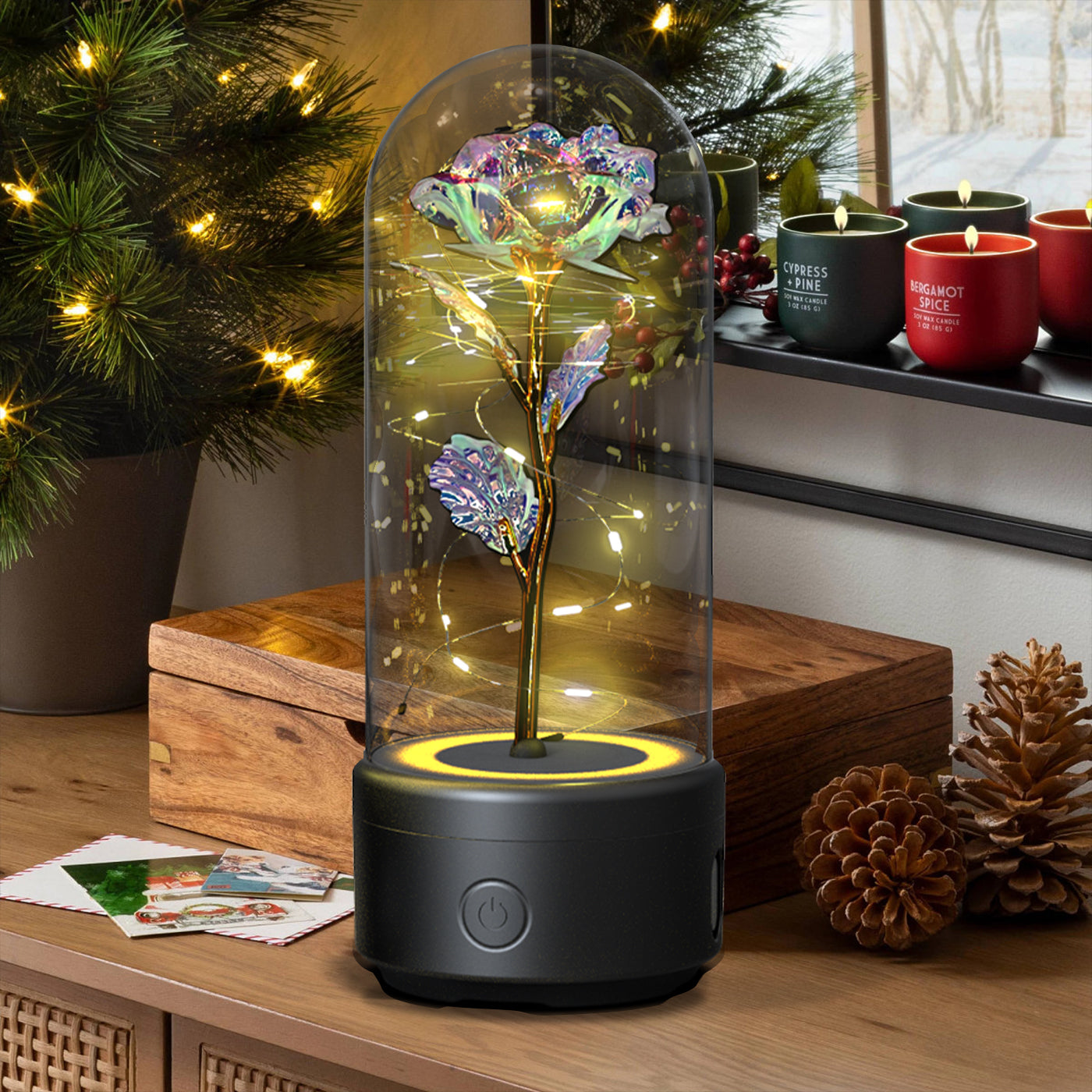 2 In 1 Rose Flower LED Light Bluetooth-compatible Speaker Valentine's Day Gift Glass Cover