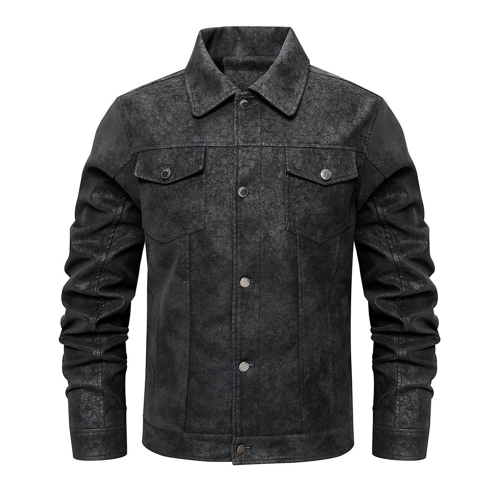 Lapel Leather Jacket Chest Button Pocket Casual Slim Fit