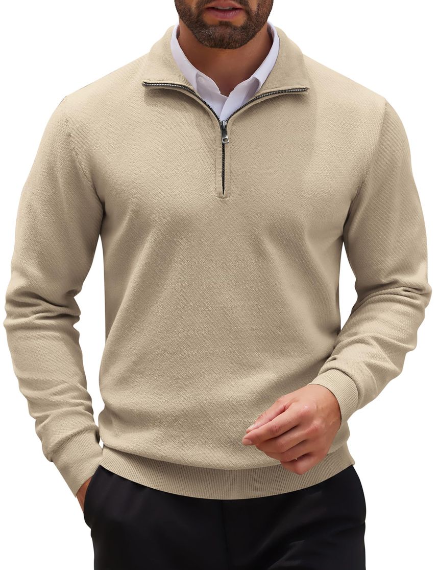 Men's Quarter Zip Sweater Knitted Turtleneck Pullover Long Sleeve 1/4 Zip Jumper