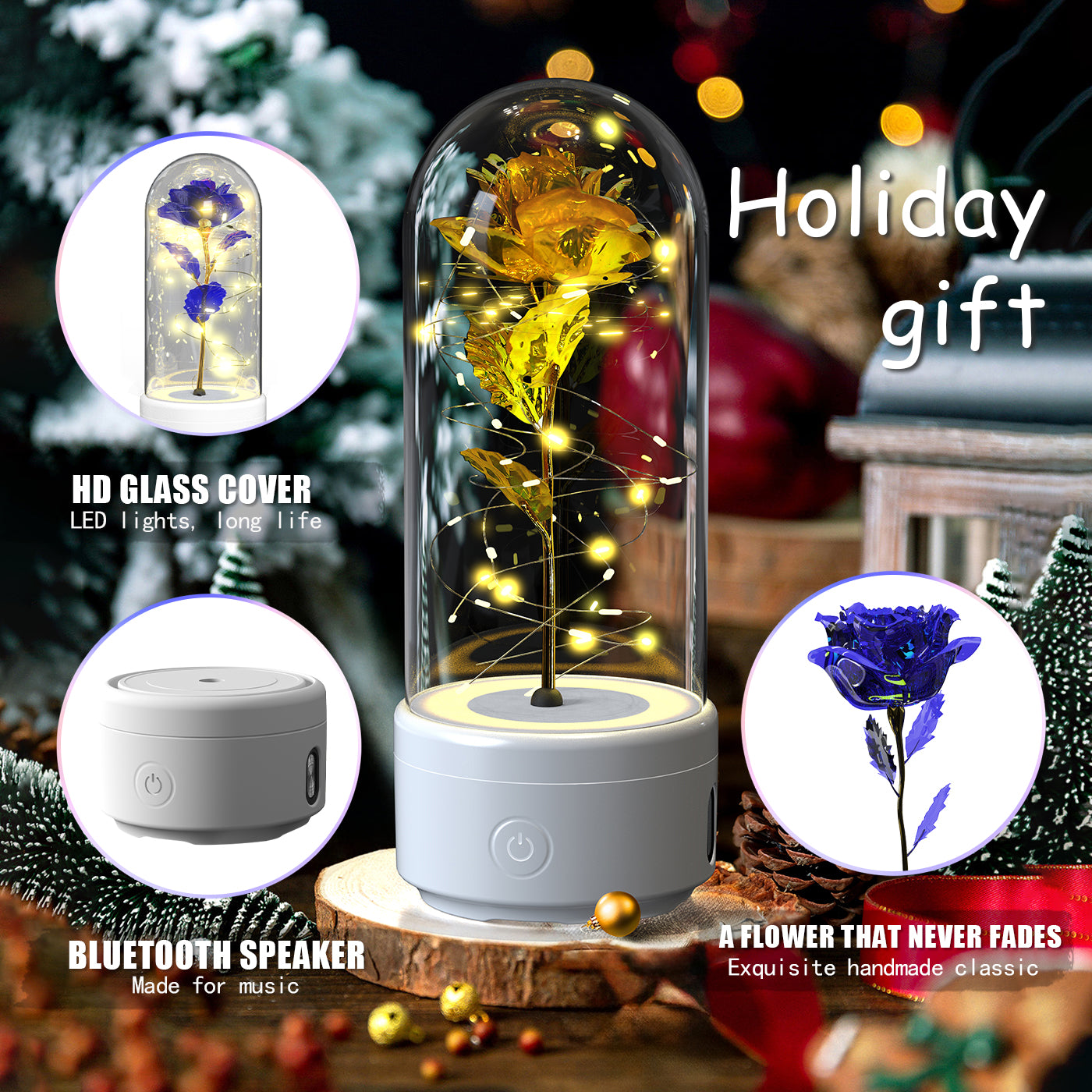 2 In 1 Rose Flower LED Light Bluetooth-compatible Speaker Valentine's Day Gift Glass Cover